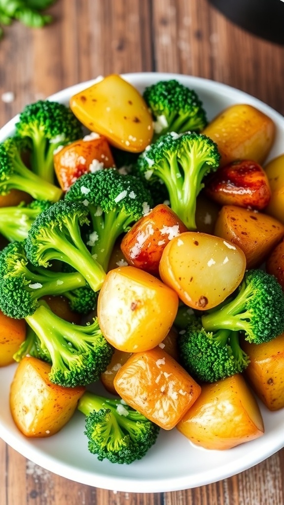Crispy air fryer broccoli and potatoes garnished with Parmesan cheese on a rustic wooden table.